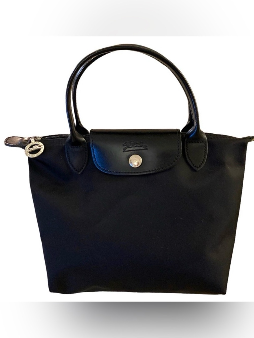Longchamp Black Le Pliage Nylon Tote with Leather Trim